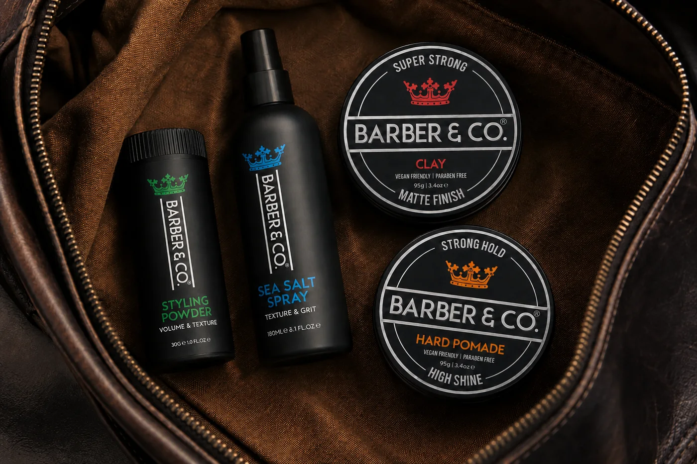 Barber & Co grooming collection in leather bag